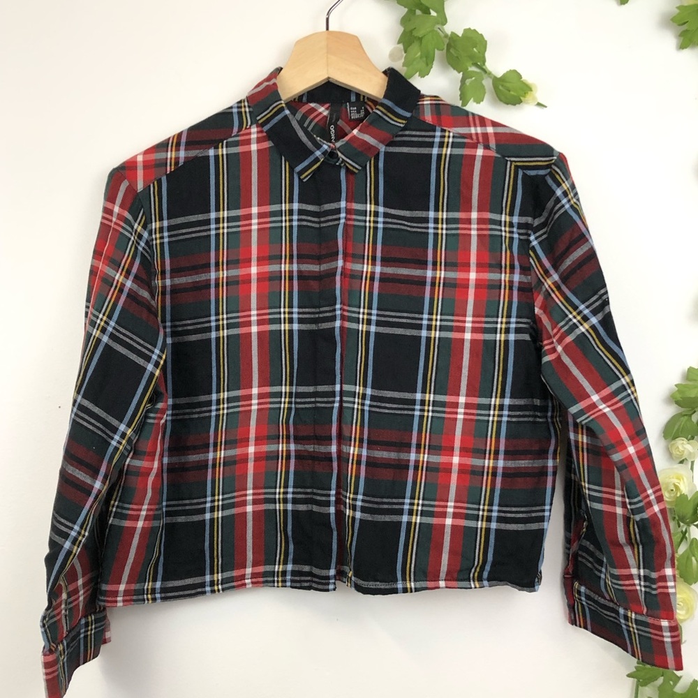 Mango | button front cropped plaid button down top